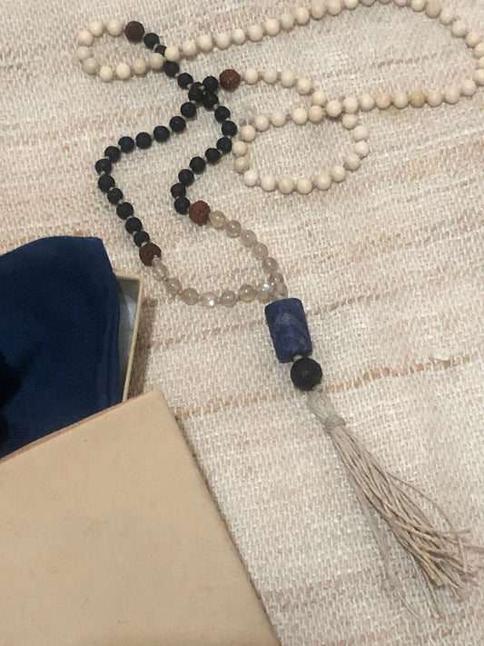 Fossil, Lava, Labradorite & Lapis Lazuli Mala