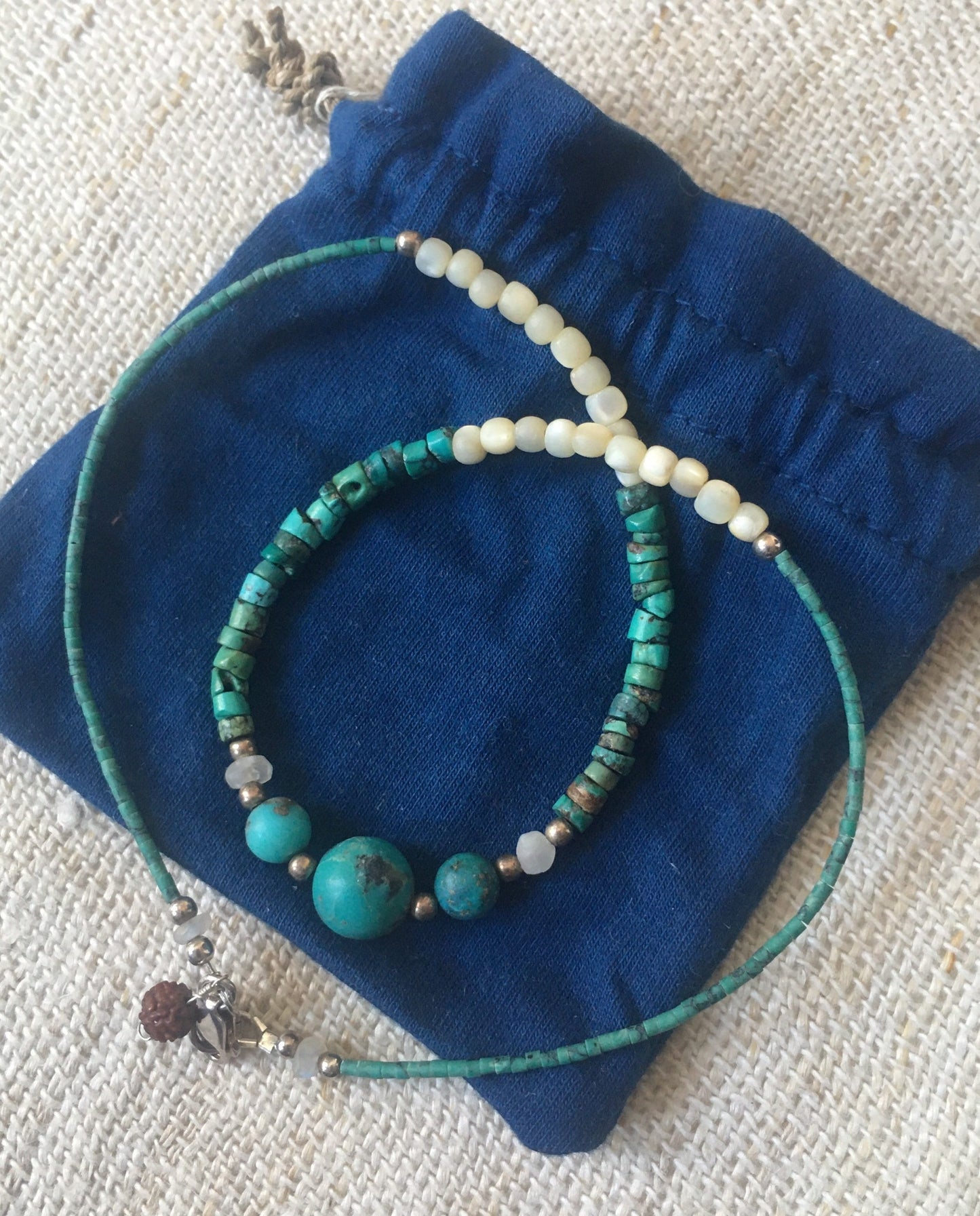 Turquoise Tumbled Beads & Polished Pearls and rudraksha bead.